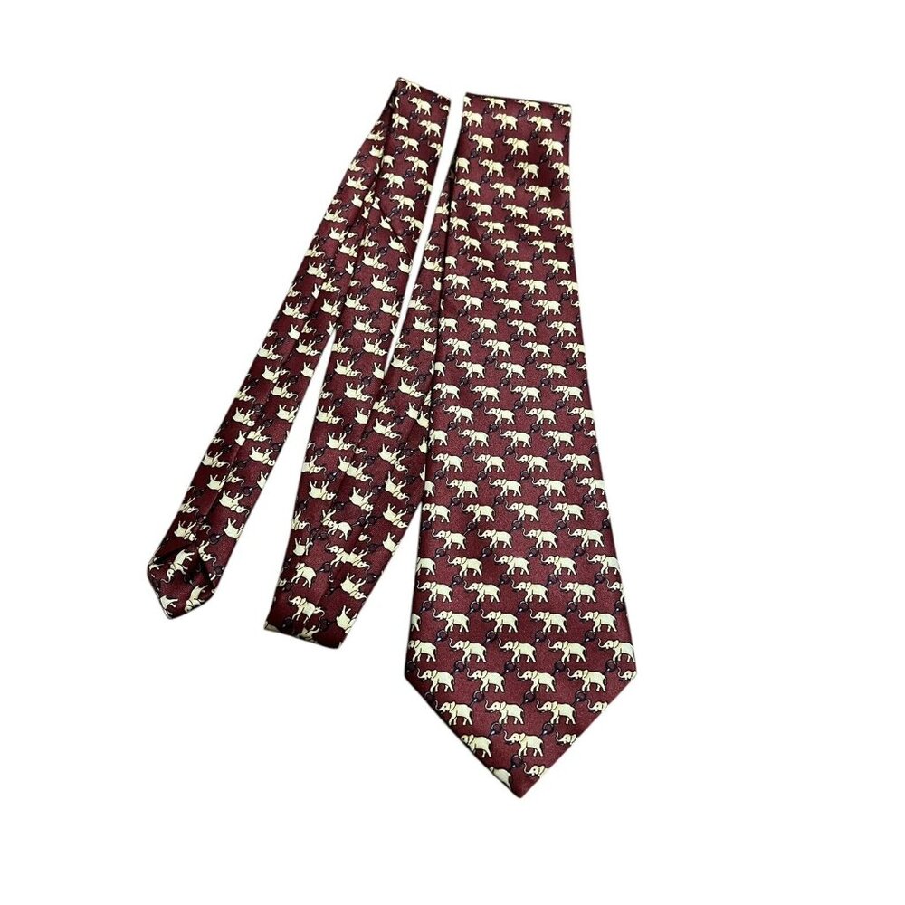 René Chagal Silk Tie .Dark Red With Elephants And Navy Links 58”x4”